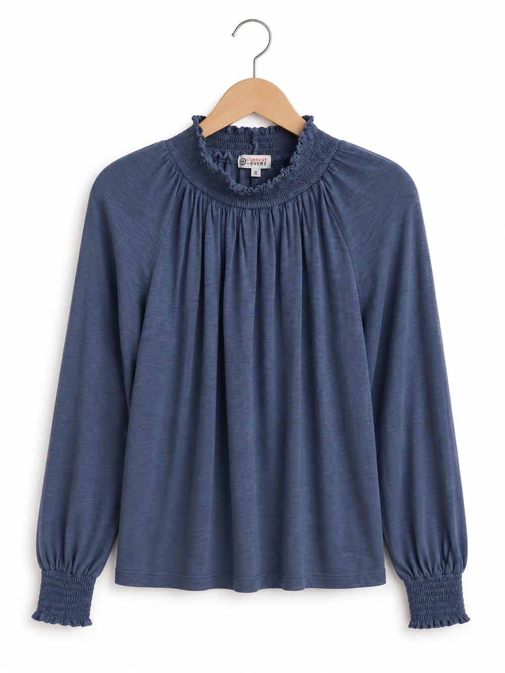 Sundry Smocked Ruffle Neck Top Small Blue Long Sleeve Boho Luxury Knit Tee